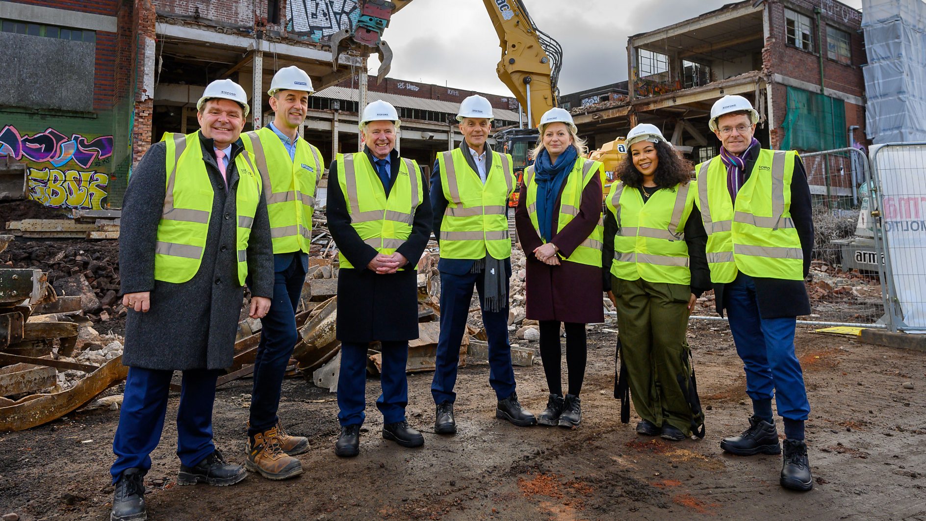 Construction begins on The Tea Factory: (l-r) Cllr John Cotton, Leader of Birmingham City Council; Matt Burgin, Joint MD of Stoford; Nick Owen, BBC Midlands Today; Tim Davie, BBC Director-General; Hayley Valentine, Head of BBC Midlands; Kaylee Golding, BBC Radio 1xtra; Andy Street, the Mayor of the West Midlands